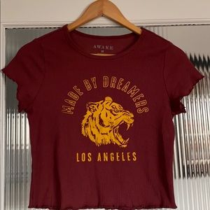 crop top by Awake. maroon and gold. lettuce edge